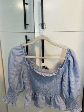 En Saison Light Blue Smocked Peplum Puff Sleeve Top